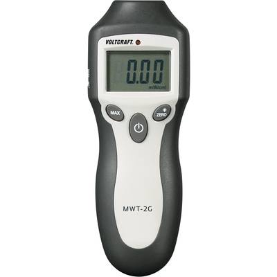 Et håndholdt apparat til måling af mikrobølgestråling viser '0.00 mW/cm²' på displayet. Mærkenavnet 'Voltcraft' og modellen 'MWT-2G' er synlige.