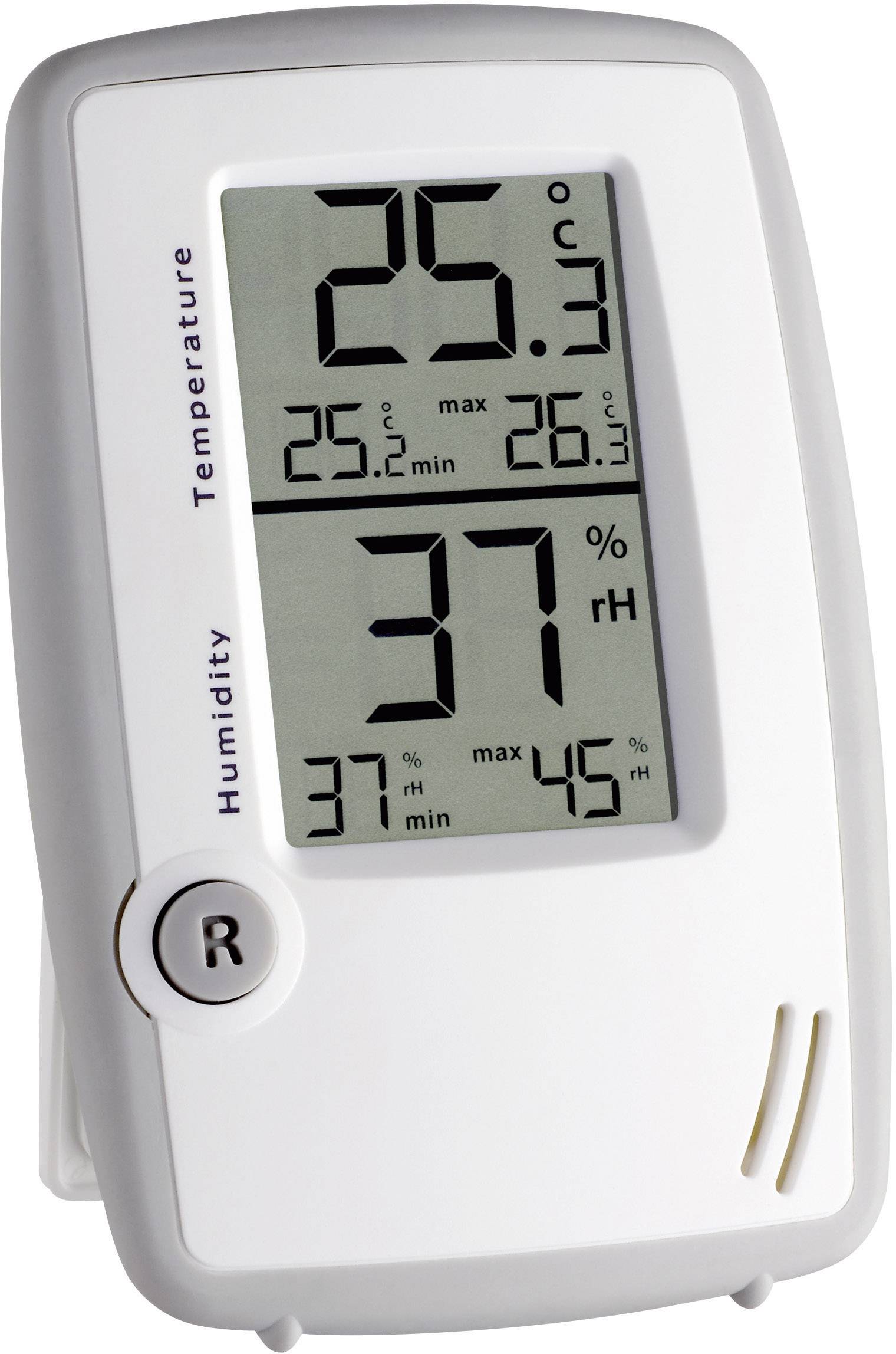 Digitalt termometer og hygrometer med visning af '25,3°C' temperatur og '37%' relativ luftfugtighed samt minimum- og maksimalværdier.