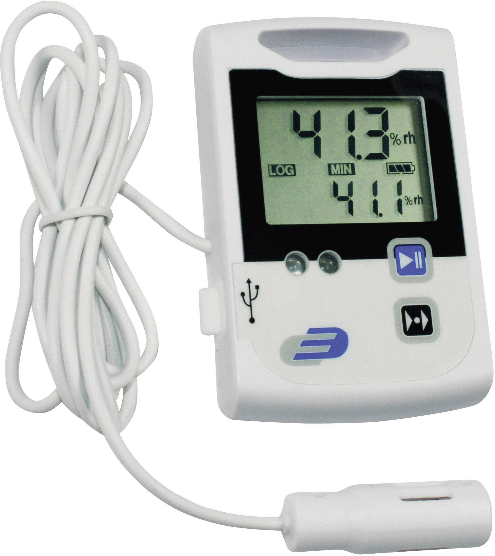 Digitalt hygrometer med stort display viser '41,3 % rH'. Sensor er forbundet med kabel.