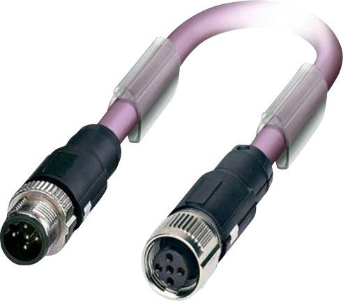 Et violet M12-industrikabel med metalstik i begge ender, med henholdsvis en stikprop og en hun-tilslutning. Velegnet til sensorer og aktuatorer inden for automatiseringsteknik.