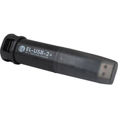 En USB-datalogger til optagelse af fugtighed og temperatur. Model 'EL-USB-2+'. Sort med aftagelig låg.