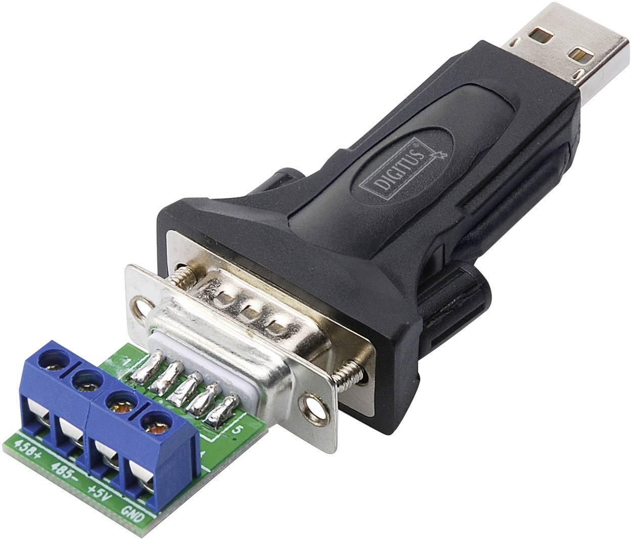 USB til RS485/RS422 konverter med sort kabinet og blå tilslutningsblok, bruges til at forbinde serielle enheder med computere.
