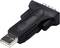 En sort USB-til-RS232-adapter med en USB-stik på den ene side og en seriel RS232-port på den anden side.