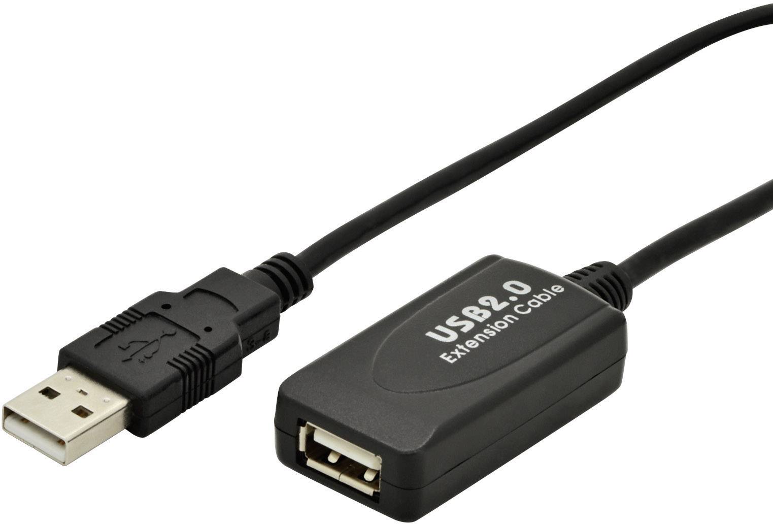 Et sort USB 2.0 forlængerkabel med han- og hunstik, velegnet til at udvide rækkevidden for USB-enheder.