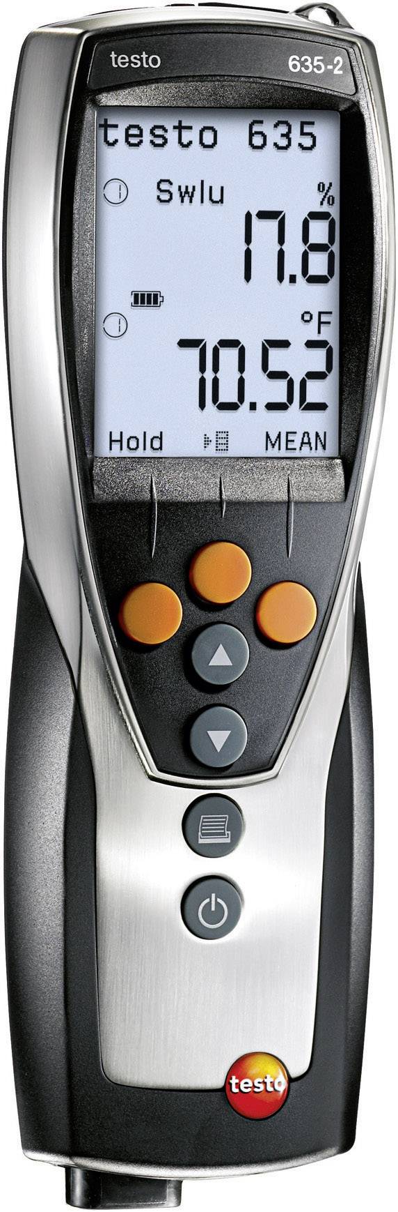 Et digitalt hygrometer viser '17,8%' luftfugtighed og '70,5°F' temperatur. Det har betjeningsknapper og logoet 'Testo'.