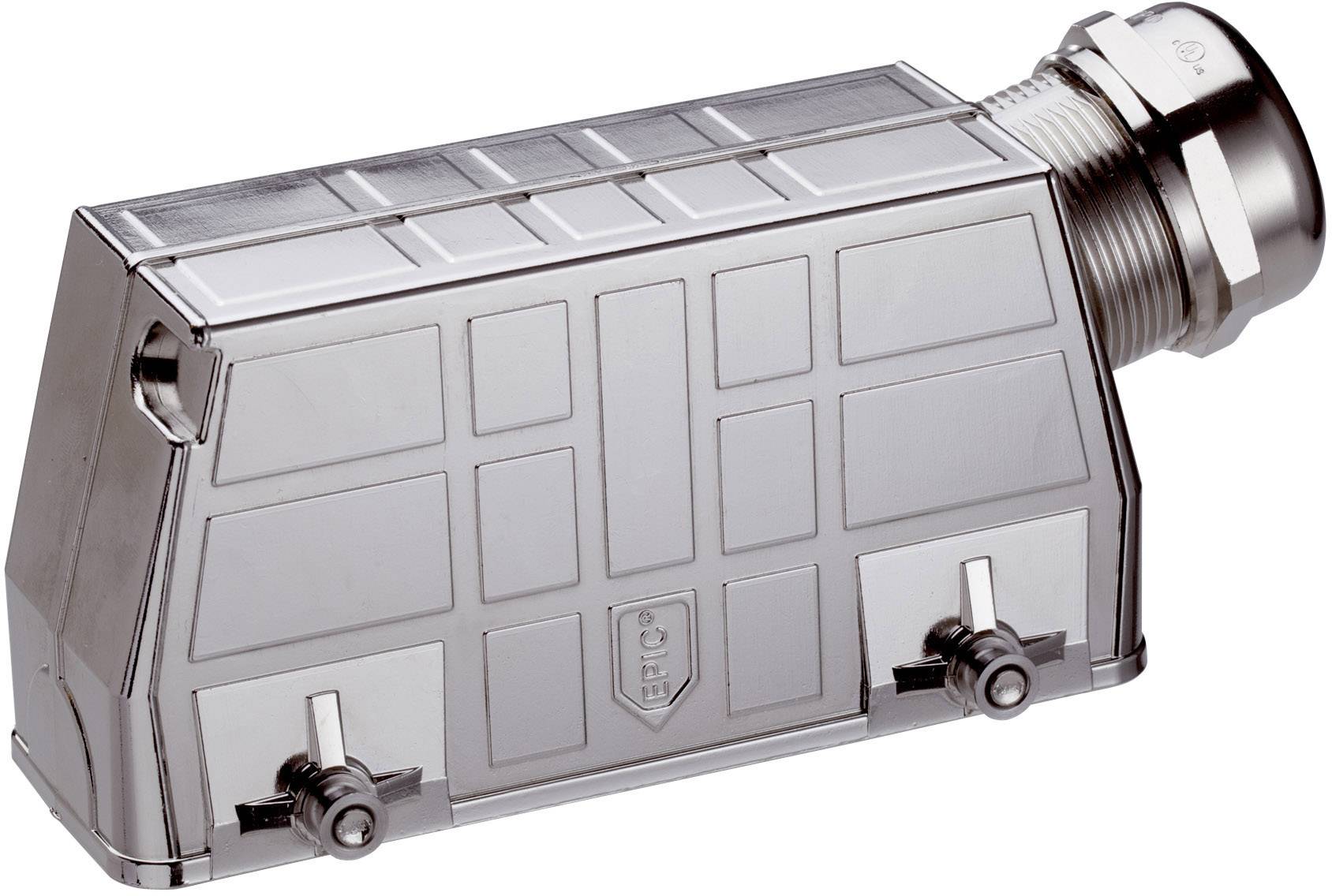 Metallisk kabinet til stikforbindelser, rektangulær form, robust design, med låsemekanismer i siderne.
