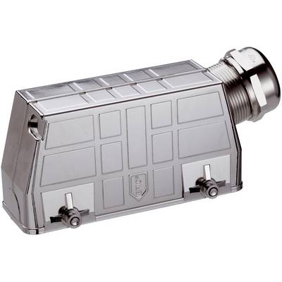Metallisk kabinet til stikforbindelser, rektangulær form, robust design, med låsemekanismer i siderne.