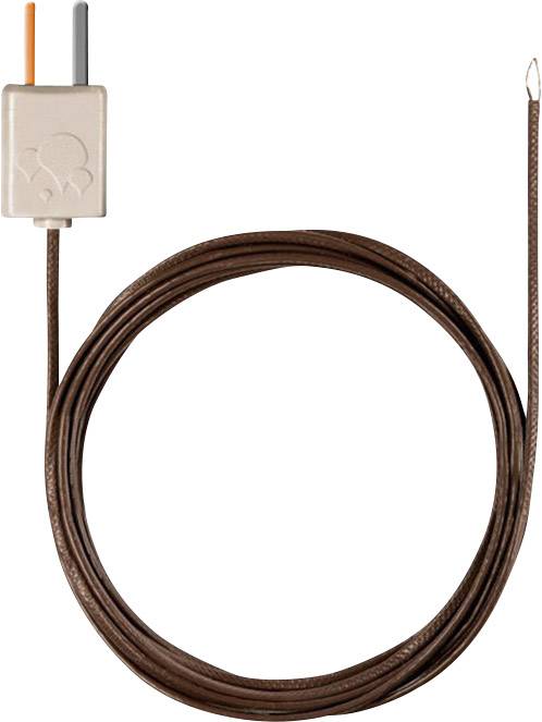 En brun temperatursensor med lange kabler, forbundet med en lille, beige stik med to trådtilslutninger.