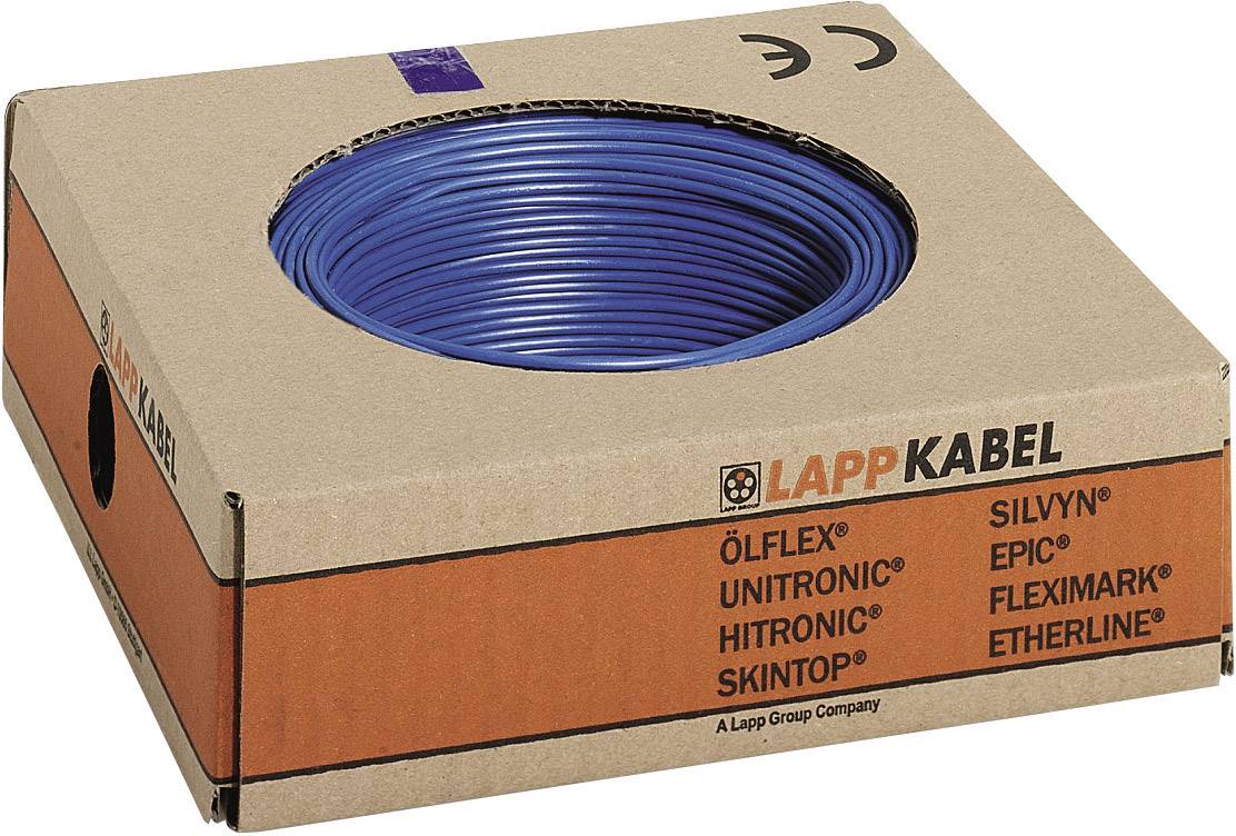 Blå kabelrulle i kartonindpakning fra mærket 'LAPP KABEL' med forskellige produktlinjer, herunder 'ÖLFLEX' og 'UNITRONIC'.