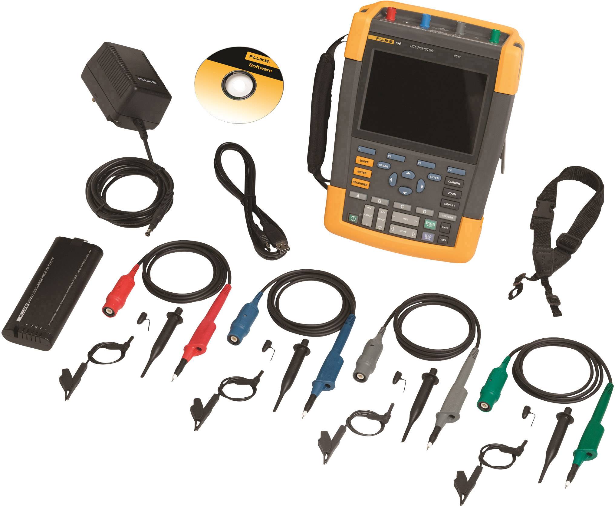 Fluke 190-104/EU Håndholdt oscilloskop Kalibreret (SCS akkrediteret laboratorium (SCS)) 100 MHz 4-kanals 1.25 GSa/s 10 kpts 8 Bit Digital hukommelse (DSO), Komponent-test, Multimeter-funktioner 1 stk