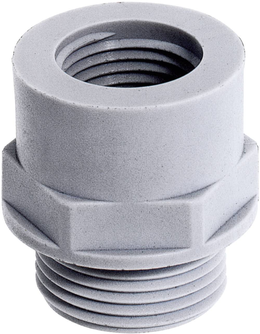 Grå, cylindrisk plastikfitting med indvendigt og udvendigt gevind, sandsynligvis til rørtilslutninger i tekniske anvendelser.