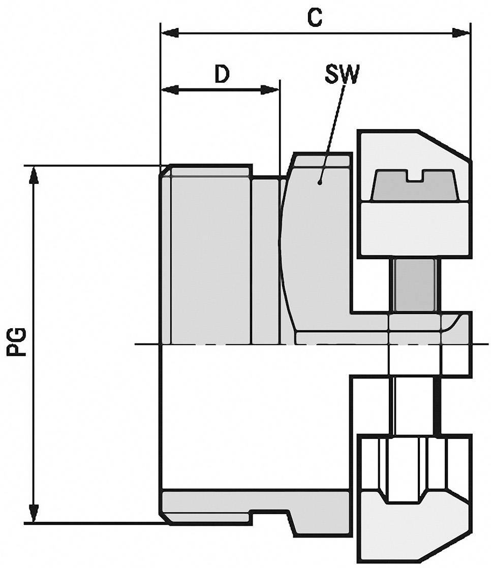 Teknisk tegning af en mekanisk komponent med markeringer for dimensioner 'D', 'C' og 'SW' samt den samlede højde 'PG'.