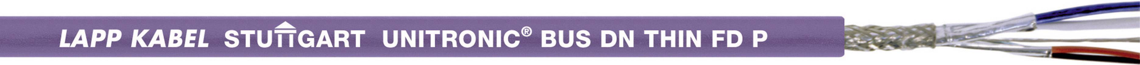 Lilla etiket med påskriften 'LAPP KABEL STUTTGART UNITRONIC BUS DM THIN FD P'. Kabel med blottede ledninger ved siden af.