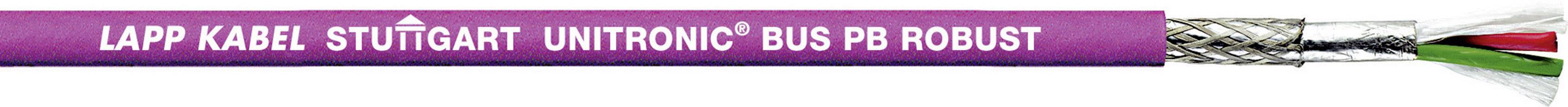 Lilla kabel med påskriften 'LAPP KABEL STUTTGART UNITRONIC BUS PB ROBUST', delvist afisoleret, viser indvendige ledere i forskellige farver.