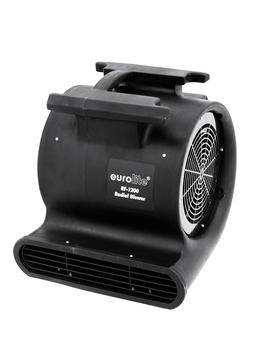Sort radialt blæser med bærehåndtag, sideplaceret ventilationsgitter og ventilationsåbninger fortil, egnet til luftcirkulation.