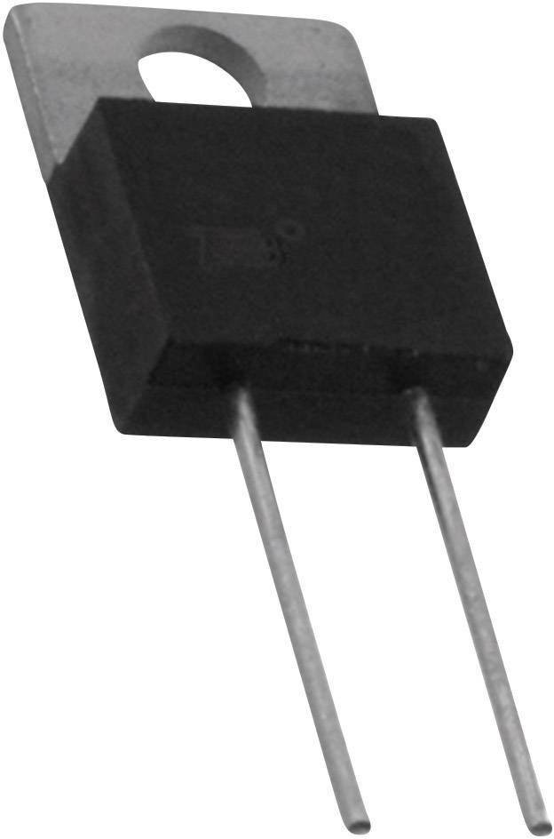 En sort halvlederdel med to lange, metalliske tilslutningsben, sandsynligvis en effekttransistor eller ensretter.