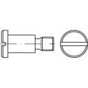 Teknisk tegning af en cylindrisk bolt med spaltet hoved, vist fra siden og oppefra.
