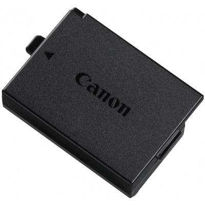 Canon kamera-batteri i rektangulær form, sort farve, med mærkelogo i midten.