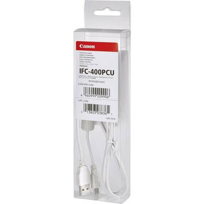 Emballage til et Canon IFC-400PCU interfacekabel med USB-stik. Emballagen viser produktoplysninger og stregkoder.