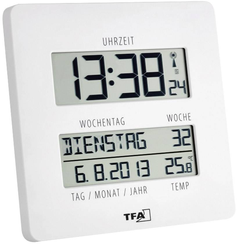 Elektronisk vægur viser '13:38', 'Tirsdag', '6.8.2013', 'Temperatur 25,8°C'. Kalenderugenummer '32'.