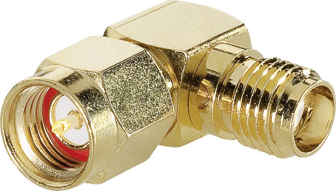 En gylden retvinklet adapter, formentlig til koaksialkabel, med glat og riflet overflade, til forbindelse af elektroniske enheder.
