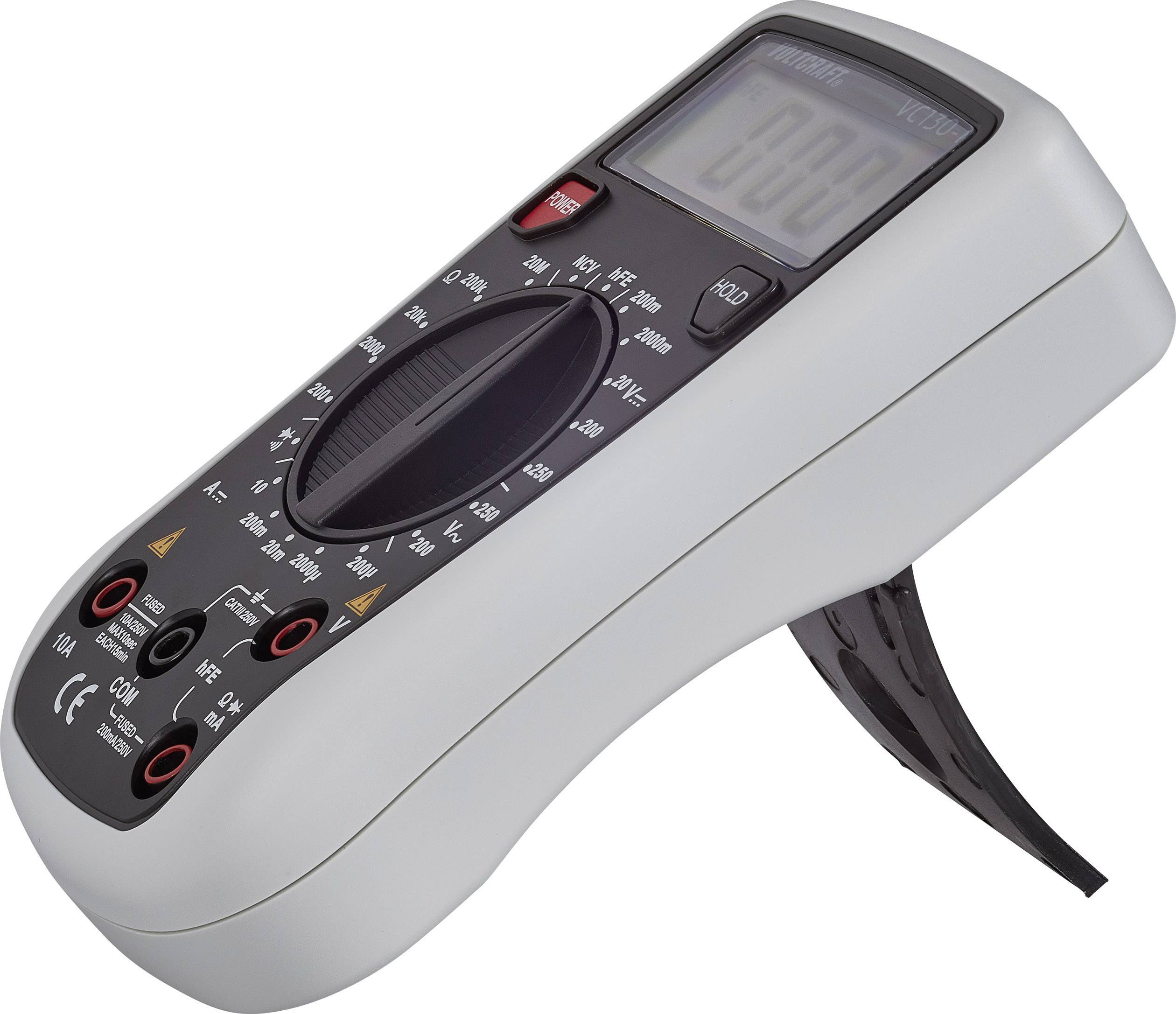 Et digitalt multimeter med display, drejeknap og tilslutningsstik. Det står på en foldbar støtte.