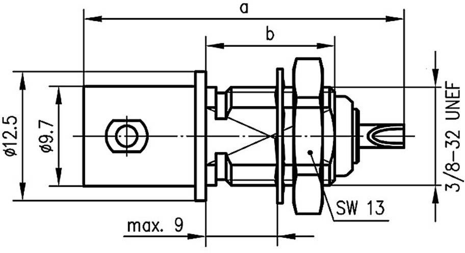 Teknisk tegning af en stikforbinder med dimensionsangivelser. Diameter 12,5 mm og 9,7 mm, samlet længde maks. 9 mm, gevind 3/8-32 UNEF.