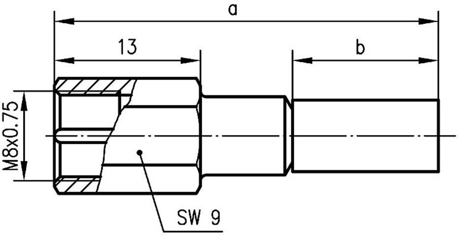 Teknisk tegning af en cylindrisk komponent med gevind M8x0,75. Dimensioner på 13 mm og 'SW 9' er fremhævet, akser a og b er markeret.