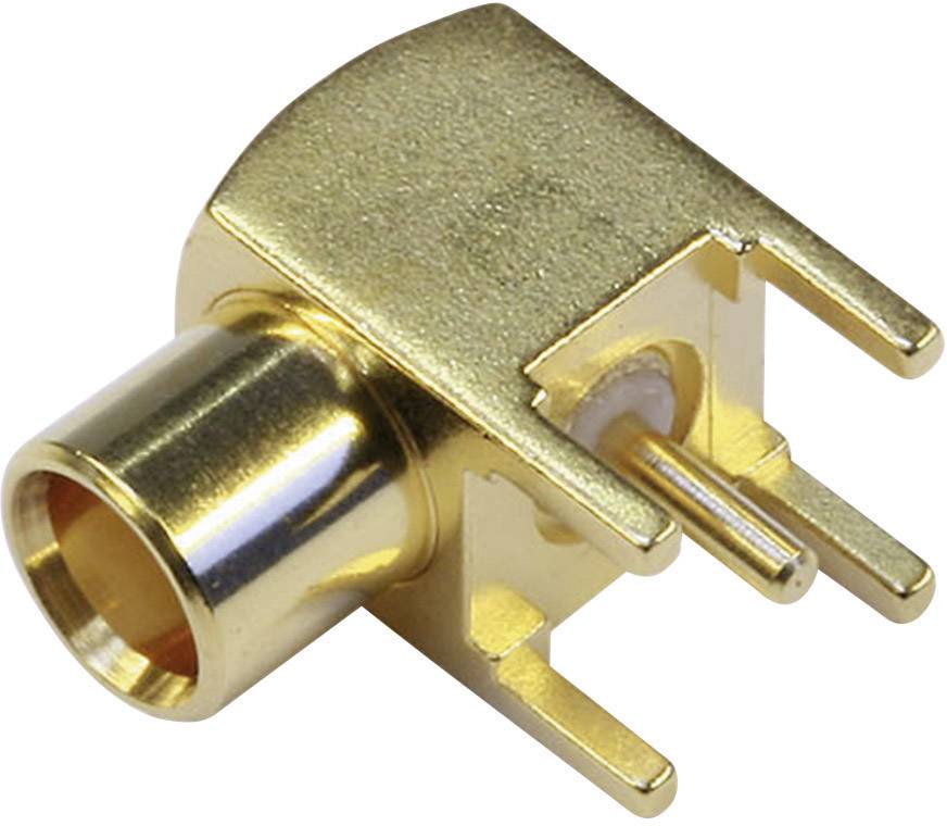 Gylden koaksialstik med rektangulær fastgørelse og central pin, egnet til elektroniske forbindelser og enheder.