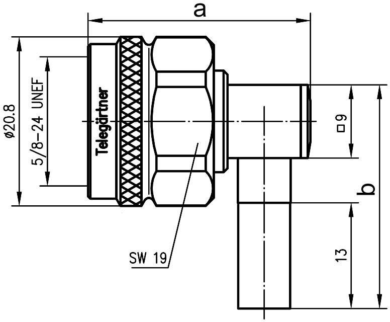 Teknisk tegning af en retvinklet stikforbinder med dimensioner og gevindspecifikationer. Hovedkarakteristika: Diameter 20,8 mm, nøglevidde 19, længde 13 mm.