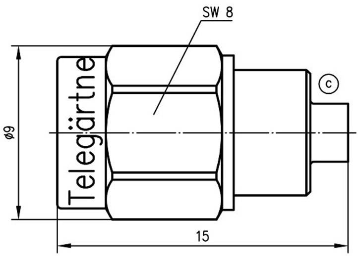 Teknisk tegning af en låsemøtrik fra Telegärtner med påskriften 'SW 8', viser dimensioner og form til mekaniske forbindelser.