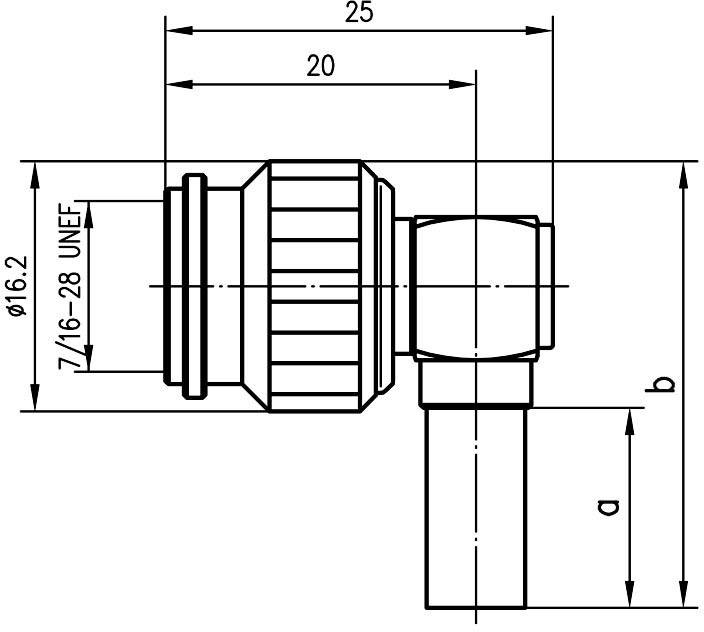 Teknisk tegning af en 90-graders rørtilslutning med mål: Diameter 16,2 mm, længder 20 mm og 25 mm, gevind 7/16-28 UNEF.