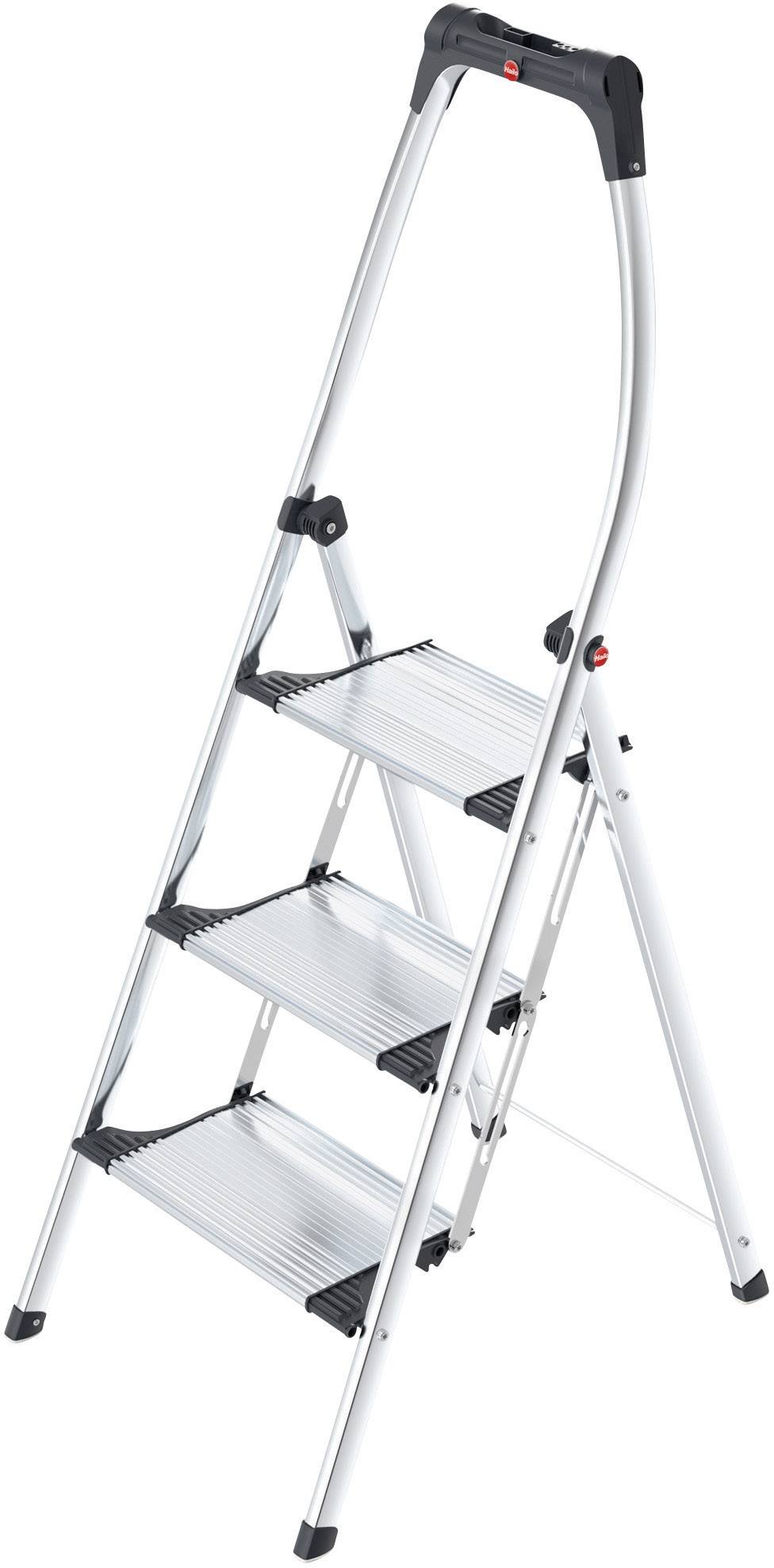 En tretrins aluminiumsskydetrappe med sort håndtag, egnet til indendørs brug, let og transportabel.