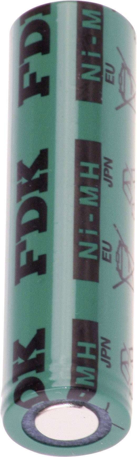 En grøn Ni-MH-batterycylinder med sorte påskrifter, symboler og mærkninger for EU og JPN.
