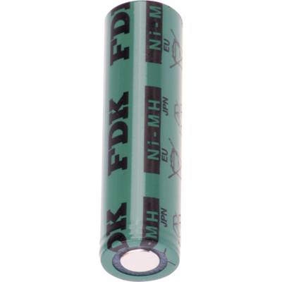 En grøn Ni-MH-batterycylinder med sorte påskrifter, symboler og mærkninger for EU og JPN.