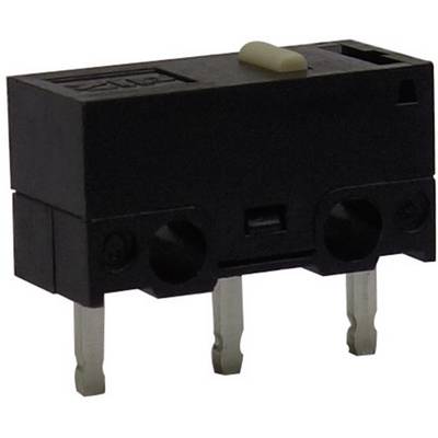 Sort mikroswitch med tre metalben og en lille hvid kontakt øverst. Velegnet til elektroniske anvendelser.