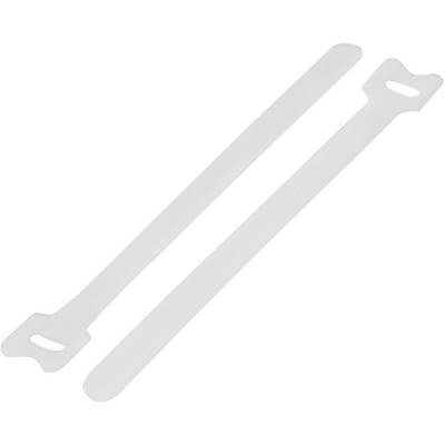 To slanke hvide plastikstrimler med slidser i den ene ende, sandsynligvis kabelbindere.