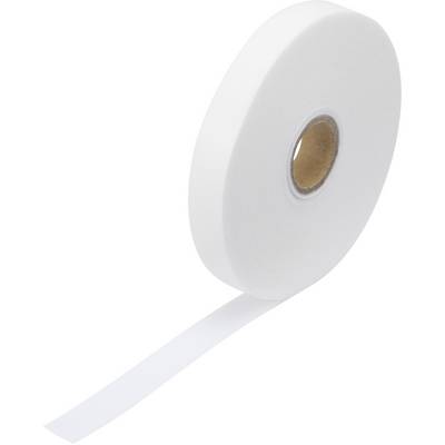 Et rør hvidt tape står skråt på en hvid baggrund, et stykke af tapen er rullet ud.