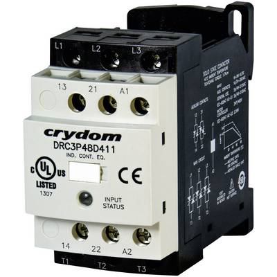 Solid-state relæ 'crydom DRC3P48D411' med UL- og CE-certificering. Viser indgangsstatus, tilslutningsklemmer og koblingsskema.