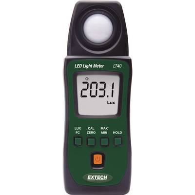 Et digitalt luxmeter med visning '203,1 Lux'. Det måler lysstyrken fra LED-lyskilder. På huset står der 'Extech' og 'LT40'.