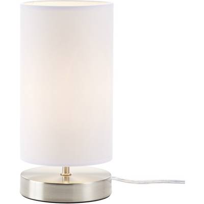 Et hvidt bordlampe med en cylinderformet skærm, stående på en rund, metallisk base, lyser blidt.