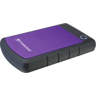 Ekstern harddisk i lilla og sort med Transcend-logo, robust design og slank form, egnet til datasikkerhed og -opbevaring.