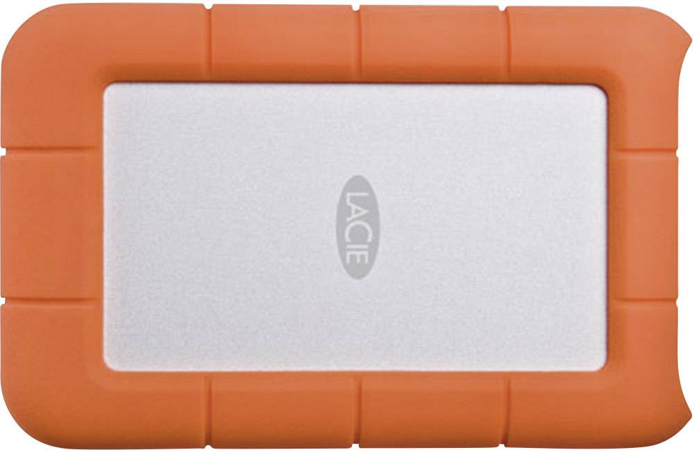 Ekstern harddisk med orange beskyttelsescover og sølvfarvet kabinet, mærket 'LaCie'.