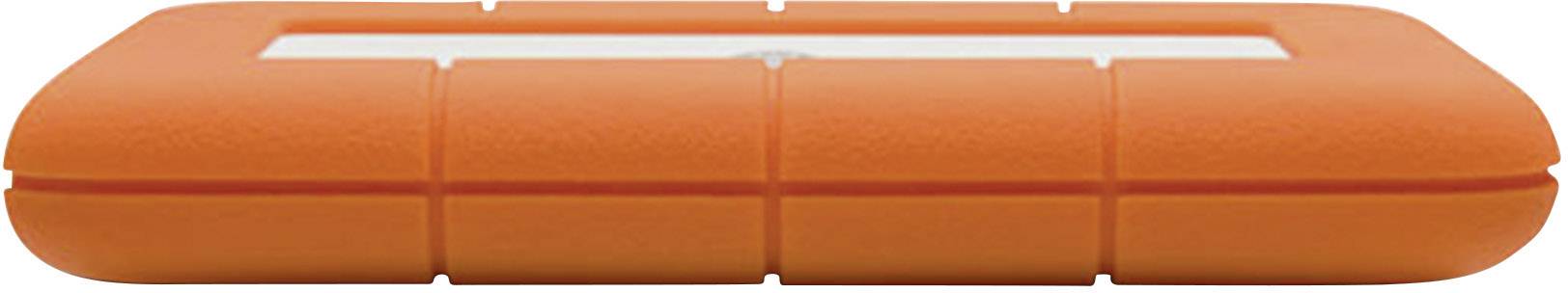 En bærbar, orange gummibelagt harddisk i rektangulær form.