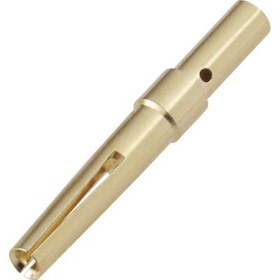 En metalstift med en langagtig form og en boring i midten, muligvis en del af et stik eller et værktøj.