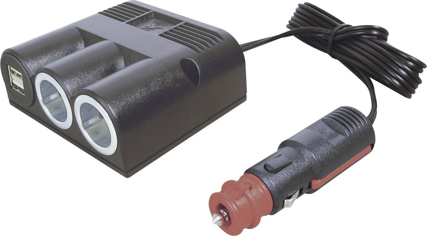 En bil-strømfordeler med to stikkontakter og en USB-port, forbundet med et 12V cigarettænder-stik.