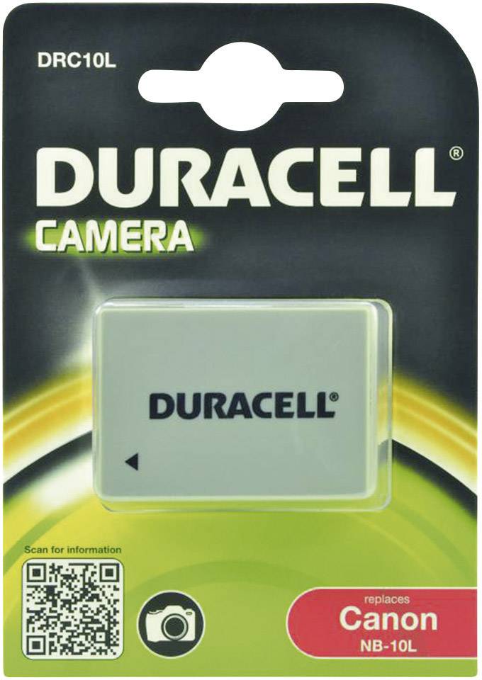 Et Duracell kamera-batteripakke med modelnummer DRC10L, kompatibel med Canon NB-10L. Indeholder QR-kode og kamerasymbol.