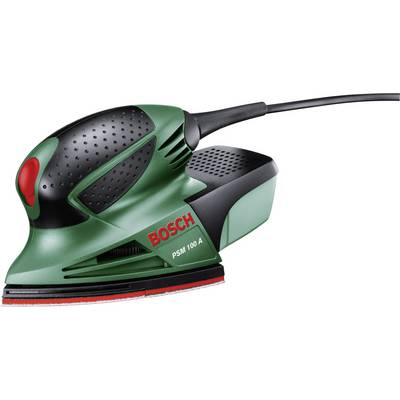 En elektrisk Bosch PSM 100 A rysteslibemaskine i grøn farve med et ergonomisk håndtag og en rød tænd-sluk-knap.