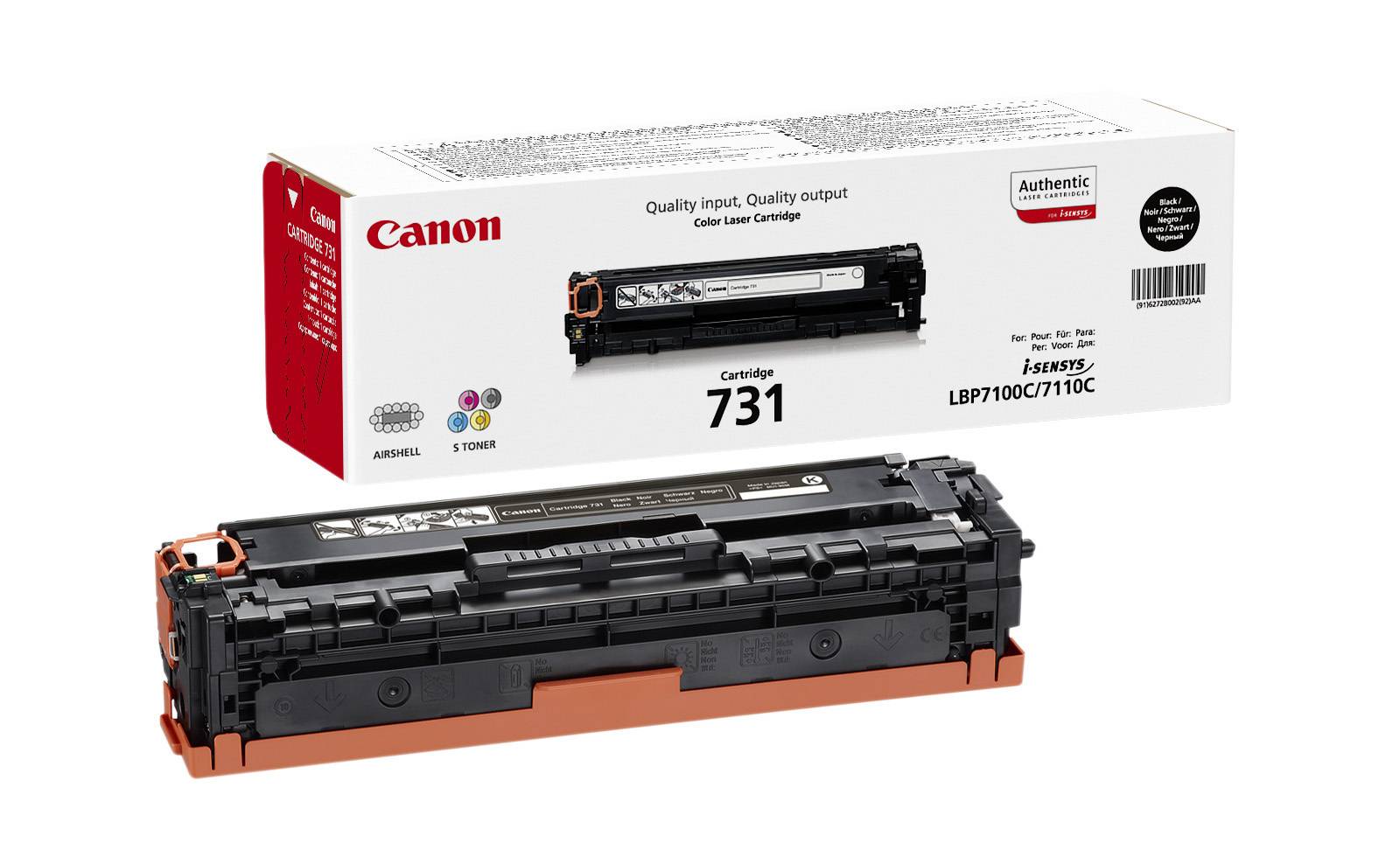 Canon 731 Tonerpatron og emballage, Sort, kompatibel med bestemte Canon printermodeller, viser 'Quality Input, Quality Output'.