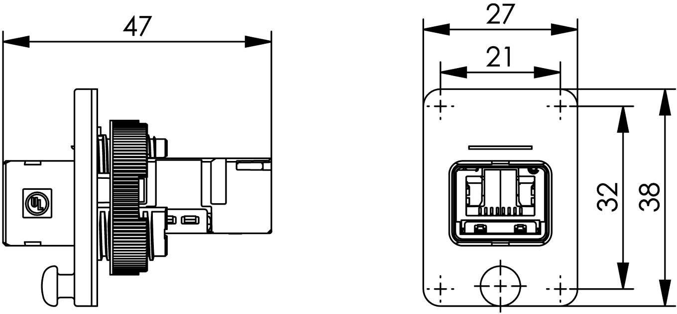 Teknisk tegning af en mekanisme med dimensioner: 47 mm bredde, 27 mm højde, viser tandhjul og stikforbindelse set forfra og fra siden.